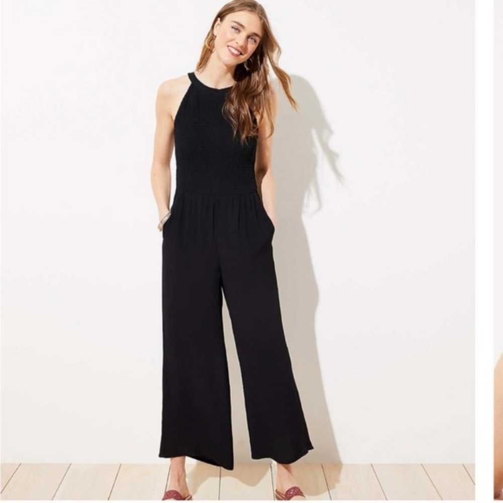 LOFT Black Smocked Halter Jumpsuit